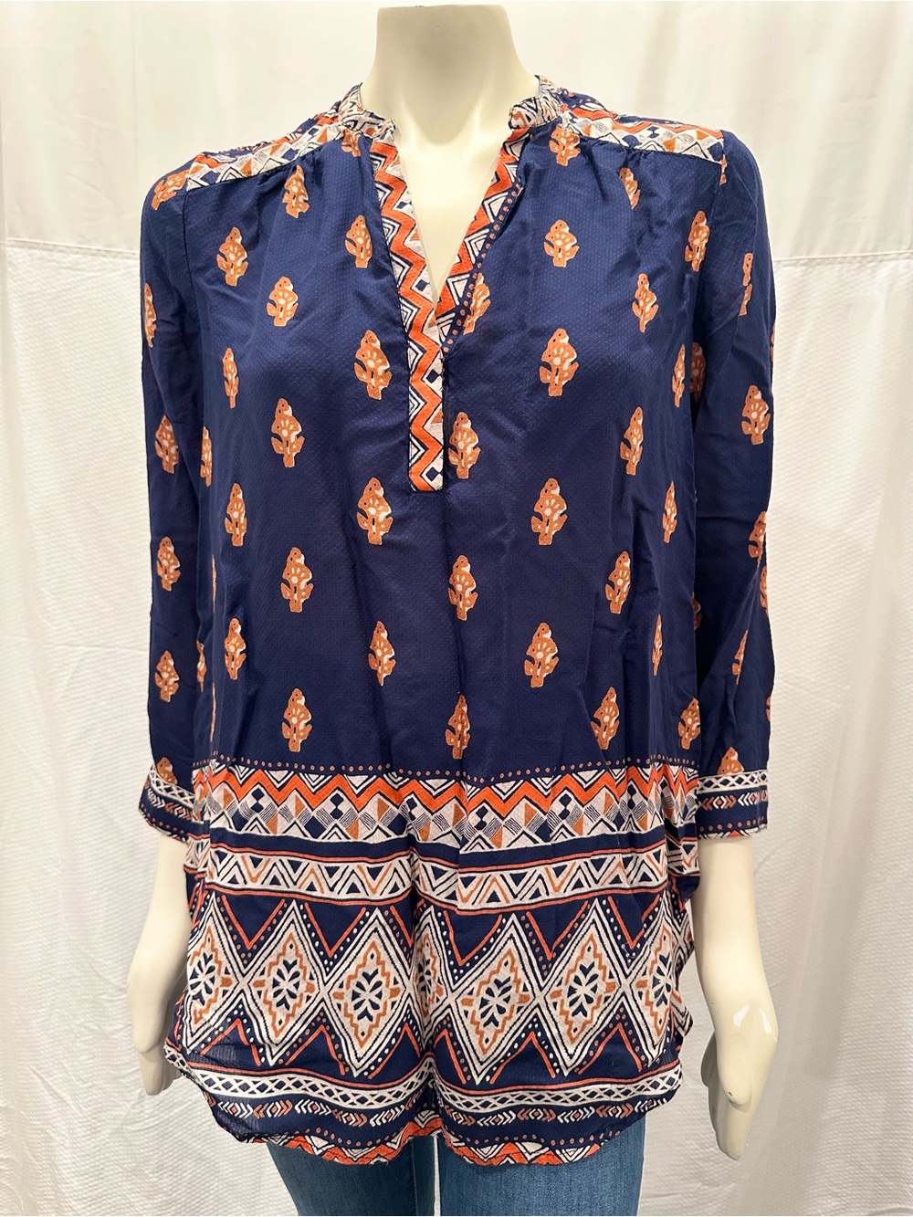 Lucky Brand Navy and Orange Printed V-Neck Tunic